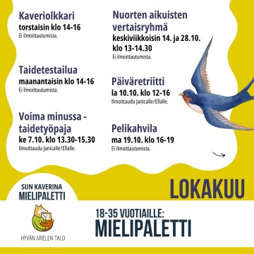 Nuorten aikuisten Mielipaletti-toiminnassa on lokakuussa mukavia osallistumisen mahdollisuuksia 🍁 Ilmoittaudu mukaan Vo...