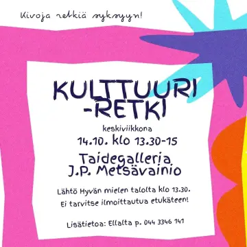 Hei! Huomenna keskiviikkona 14.10. klo 13.30-15 pidettävällä kulttuuriretkellä suunnataan katsomaan astrovalokuvaaja J.P...