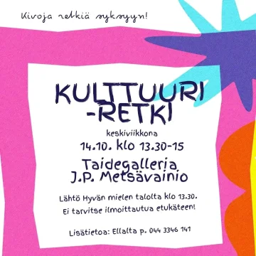 Hei! Huomenna keskiviikkona 14.10. klo 13.30-15 pidettävällä kulttuuriretkellä suunnataan katsomaan astrovalokuvaaja J.P...