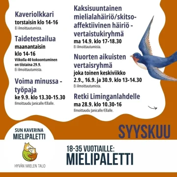 Hei 18-35-vuotias nuori aikuinen! Tässä Mielipaletin syyskuun toiminta, tervetuloa mukaan! 🌞🌻👋 #hyvanmielentalo #miel...