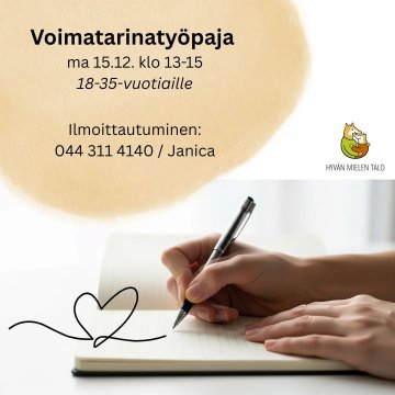 Työpajassa pääsee kirjoittamaan voimatarinaa siitä, miten on selvinnyt haastavassa elämäntilanteessa, kun jaksaminen on ...