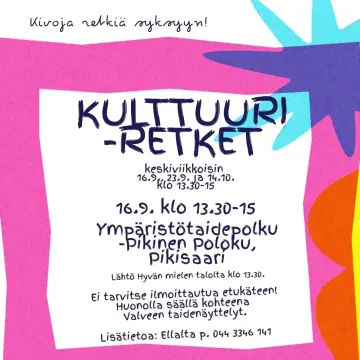 Tervetuloa mukaan syksyn kulttuuriretkille, joista ensimmäinen suuntaa ympäristötaidekierrokselle Pikiselle Polulle Piki...