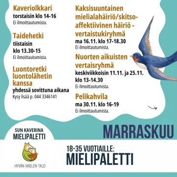 Nuorten aikuisten Mielipaletti tarjoaa monipuolista toimintaa marraskuuhun. Tervetuloa mukaan! Marraskuussa kaikki ryhmä...