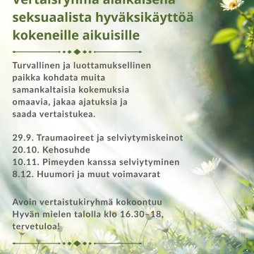✨Ryhmä käynnistyy tiistaina 29.9. klo 16.30–18✨ Jos kannat mukanasi lapsuudessa koettuja vaikeita kokemuksia, sinun ei t...