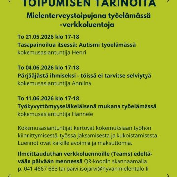 Tervetuloa kuulemaan Toipumisen tarinoita - verkkoluentosarjan kokemuspuheenvuoroja! Luentosarjan teema on tällä kertaa ...